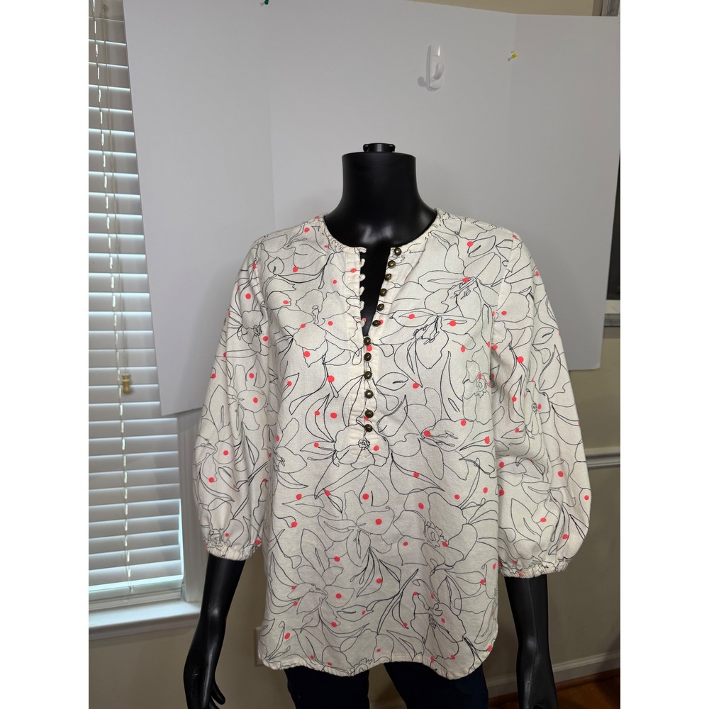 Anthropologie Maeve Floral Polka Dot Button Front Puff Sleeve Blouse Cream Med